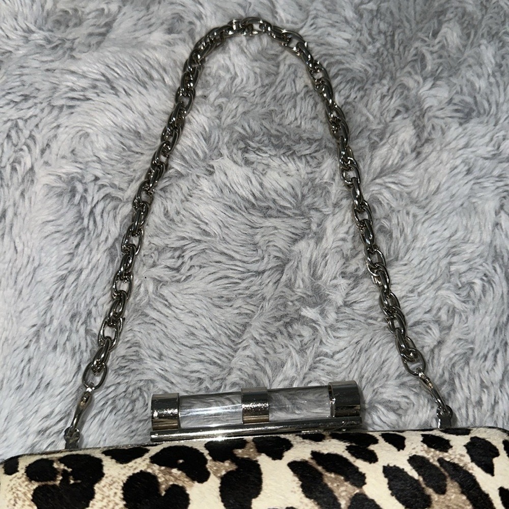 White House Black Market Leopard Haircalf Box Clutch Silver Chain Bag - Picture 3 of 12